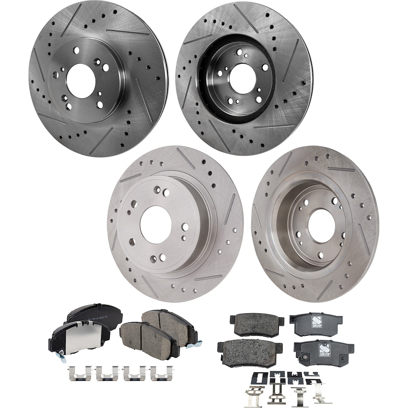Disc Brake & Pad Kit For 06-2007 Honda Accord Front Rear Cross-drilled Slotted